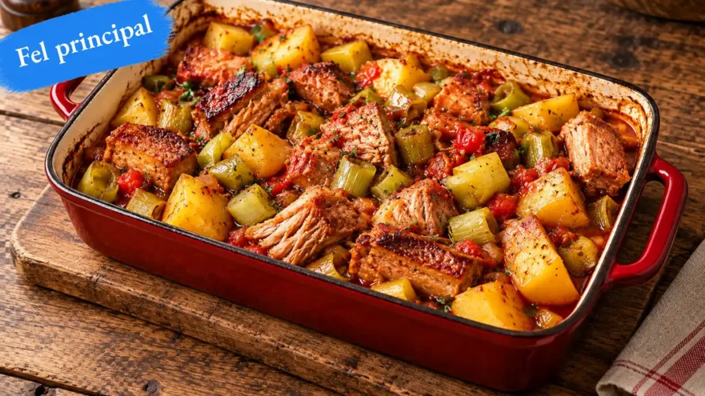Porc gătit lent cu praz și cartofi